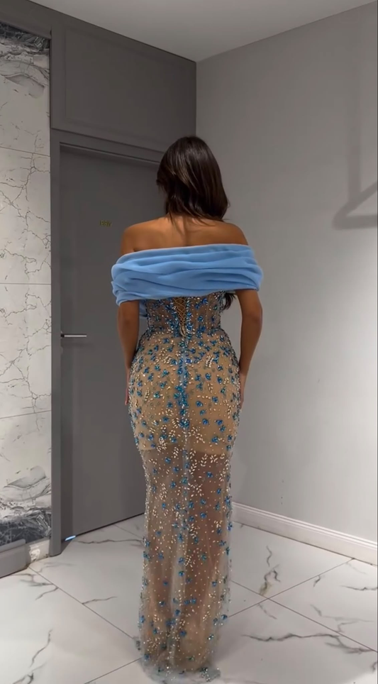 SAPHIR ROYALE avondjurk blauw kristallen voorkant
