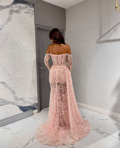 ROSE DENTELLE LUXE avondjurk roze kant achterkant