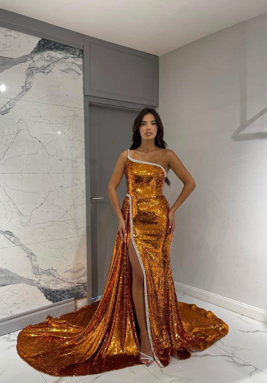 GOLDEN GODDESS gouden pailletten galajurk voorkant