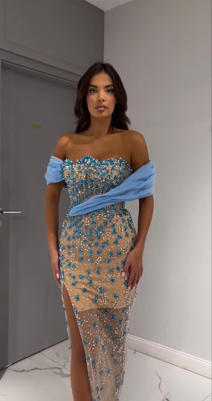AZUR CRISTAL avondjurk blauw kristallen voorkant