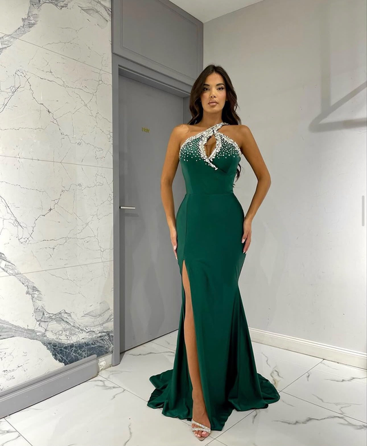 EMERALD HALTER smaragdgroene halter avondjurk